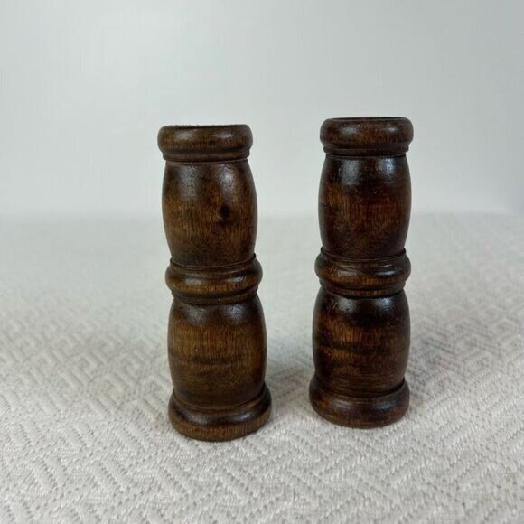 Vintage Carved Handmade Wooden Pair Two 2 MCM Boho Candle Holders Brown Retro - Picture 10 of 10